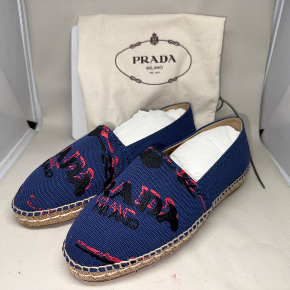 Prada Blue Canvas Logo Embroidered Espadrille with Dust Bag SIZE 38